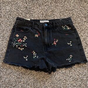 Floral Embroidered Black Jean Shorts